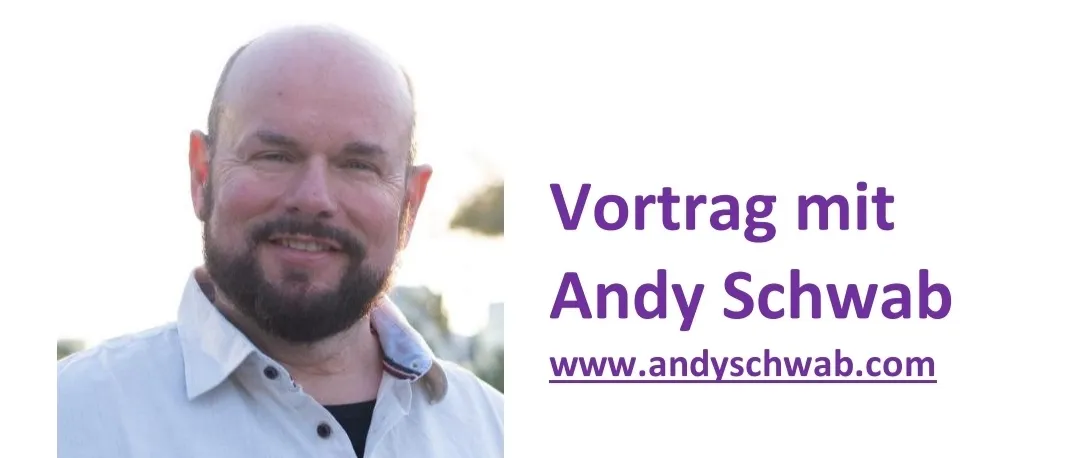 Ein Bild zeigt einen Mann, der lächelnd für die Kamera posiert, mit einer Website-Adresse. Ein Text beschreibt eine Live-Erfahrung mit Andy Schwab, einschließlich eines Wiedersehens und Live-Interaktionen. Es wird eine Band der Liebe und eine Veranstaltung am 15. Mai 2026 erwähnt.