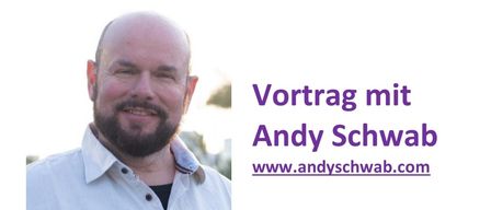 An image shows a man smiling for the camera with a website address. A text describes a live experience with Andy Schwab, including a reunion and live interactions. It mentions a band of love and an event on May 15, 2026.