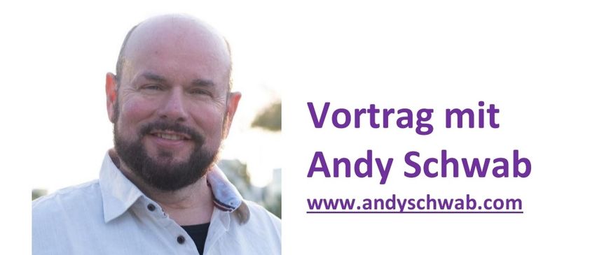 Ein Bild zeigt einen Mann, der lächelnd für die Kamera posiert, mit einer Website-Adresse. Ein Text beschreibt eine Live-Erfahrung mit Andy Schwab, einschließlich eines Wiedersehens und Live-Interaktionen. Es wird eine Band der Liebe und eine Veranstaltung am 15. Mai 2026 erwähnt.