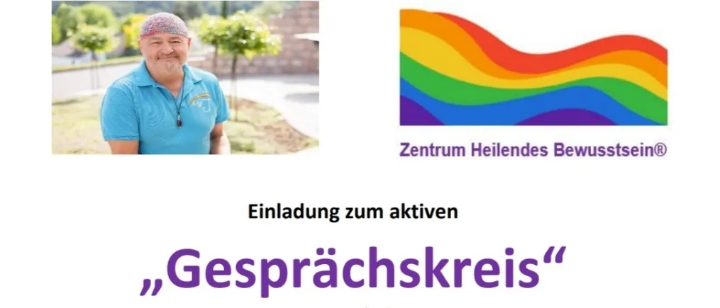 Ein Plakat für eine Veranstaltung mit dem Titel 'Einladung zum aktiven Gesprächskreis' von Walter Janisch, mit einem Mann in einem blauen Hemd und einem Regenbogenlogo.