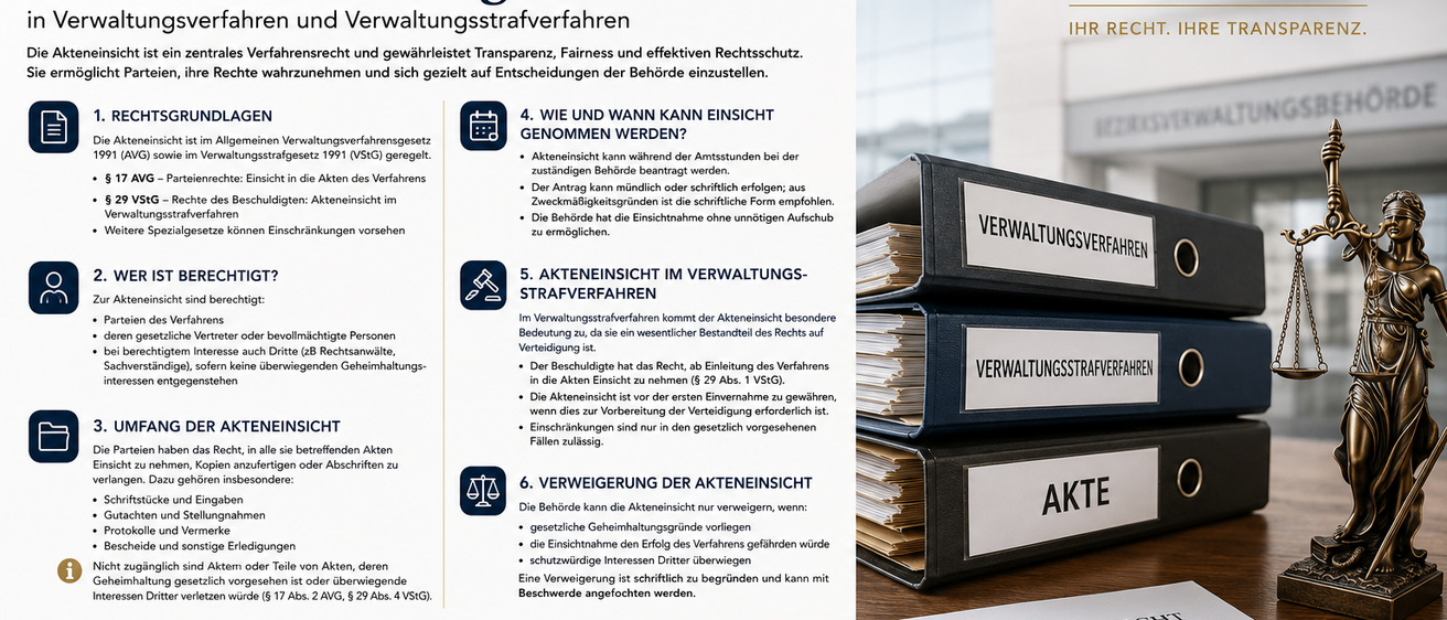 Infografik zur Rechtssicherheit bei Verwaltungsbehörden. Es erklärt den Zugang zu Akten und Verwaltungsstrafverfahren. Das Dokument betont das Recht auf Transparenz, Fairness und effektiven Rechtsschutz. Es umfasst Abschnitte zum Akteneinsicht, Verwaltungsstrafverfahren und zur Bedeutung der Akteneinsicht.