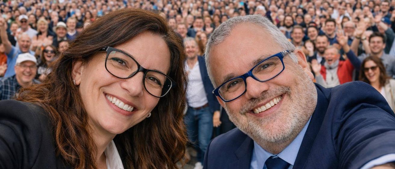 Ein lächelnder Mann und eine Frau in formeller Kleidung stehen vor einer großen Menschenmenge und fangen einen Moment der Freude und Verbundenheit ein.