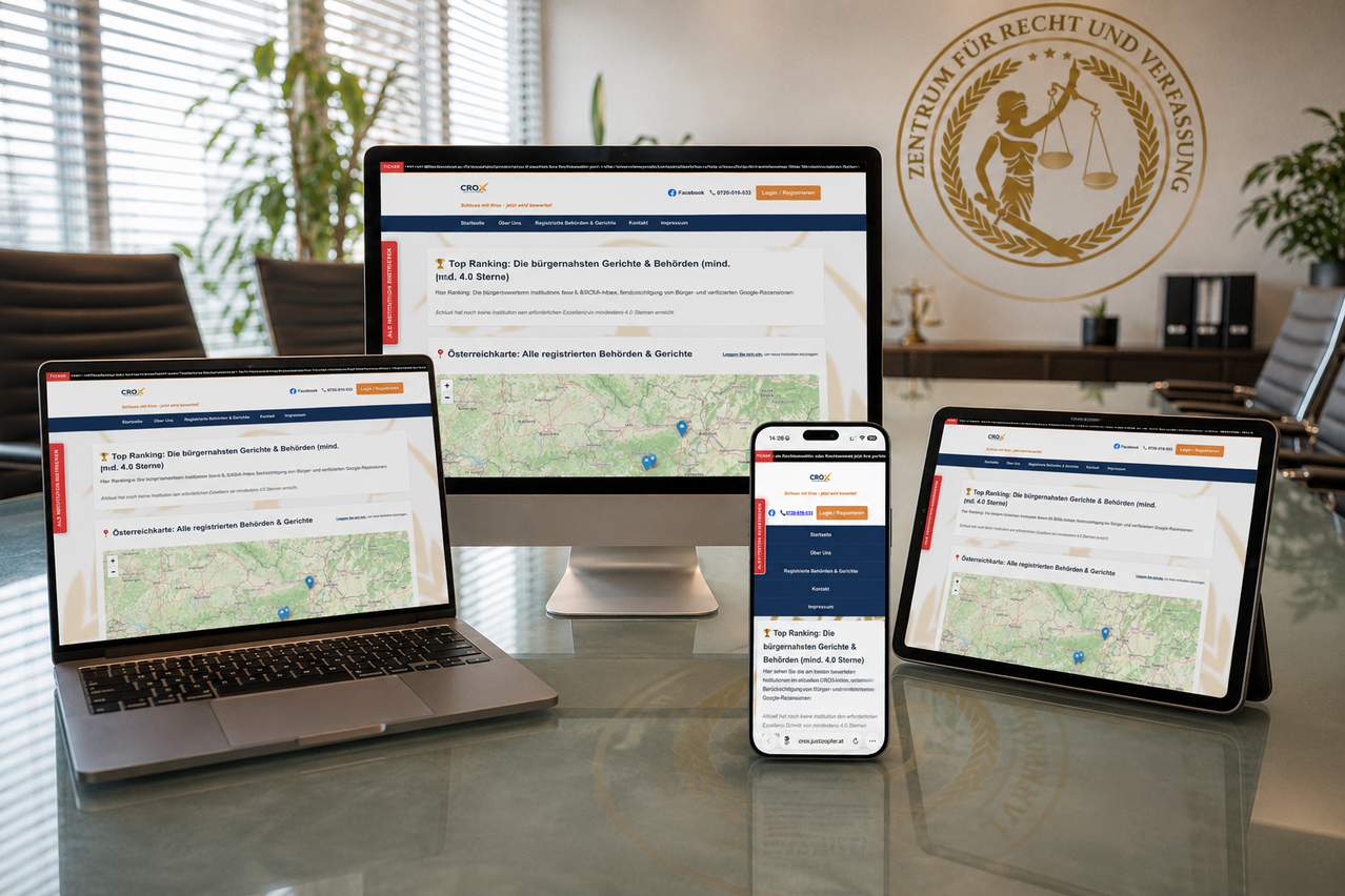Ein Computermonitor, ein Laptop, ein Tablet und ein Smartphone stehen auf einem Glastisch. Der Monitor zeigt eine Website mit einer Karte und Text über die bestbewerteten kommunalen Gerichte.