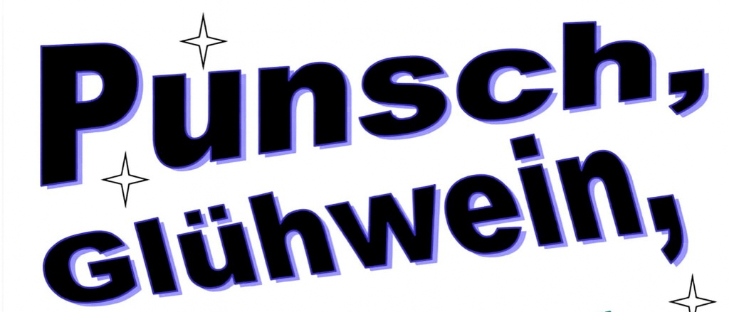 Plakat mit Text und Illustrationen für eine Veranstaltung am Sonntag, 14. Dezember, ab 16:00 Uhr im Ortszentrum, mit Würstchen, offenen Kartoffelsandwiches mit Sauce und einem lächelnden Gesicht.