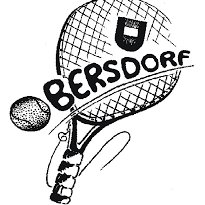 Eine Schwarz-Weiß-Zeichnung eines Tennisschlägers mit einem Ball, auf dem der Schriftzug 'Bersdor' steht. Der Schläger hat ein Netz und einen Griff.