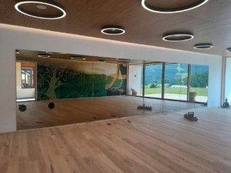 Ein leerer Raum mit großen Fenstern, einem Holzboden und einem Wandbild eines Baumes. Es gibt runde Deckenleuchten und Reflexionen in der Glasscheibe.