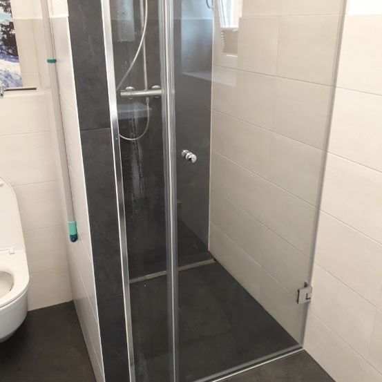 Ein modernes Badezimmer mit einer Glasdusche, einer weißen Toilette und gefliesten Wänden. Der Duschbereich ist durch eine Glastür abgetrennt.
