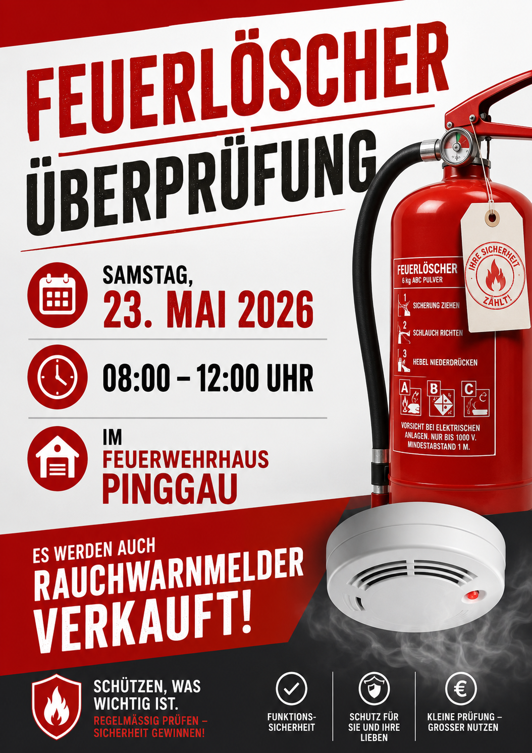 A fire extinguisher check event on Saturday, May 23, 2026, from 08:00 to 12:00 at the Pinggau fire station. Smoke detectors are also sold.
