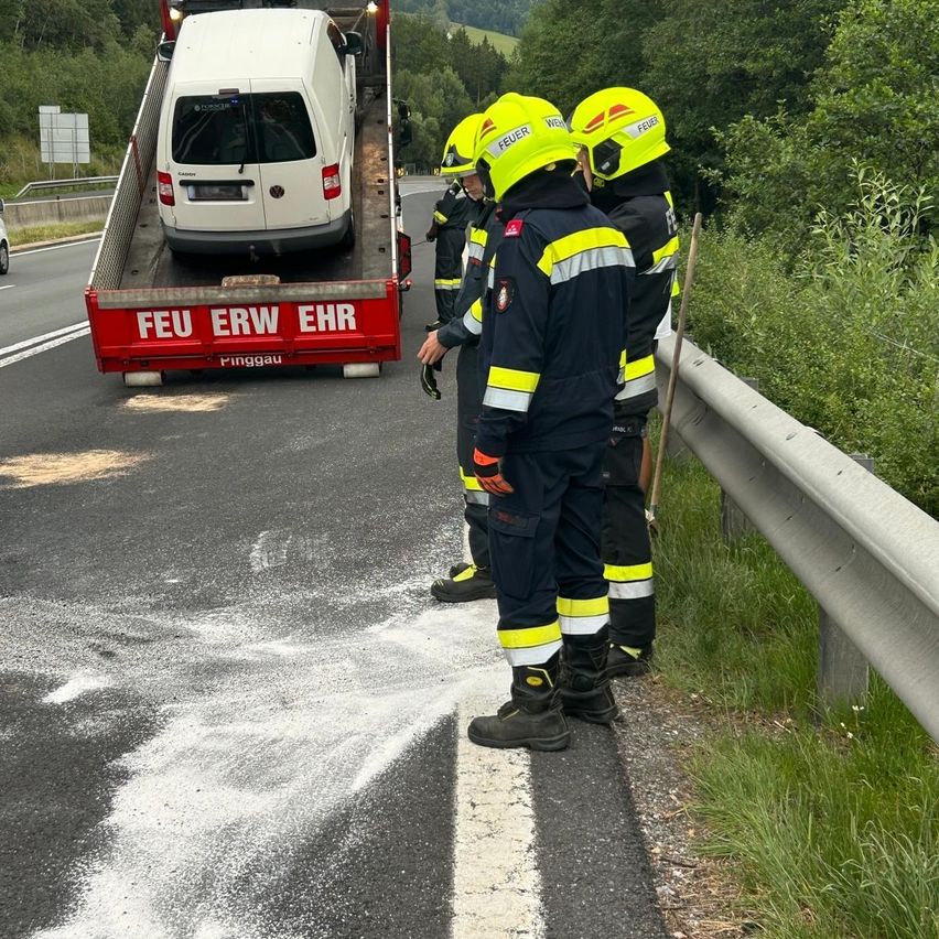 Ein weißer Lieferwagen wird von einem roten Abschleppwagen auf einer Autobahn weggezogen. Vier Feuerwehrleute in gelben und schwarzen Uniformen stehen am Straßenrand.