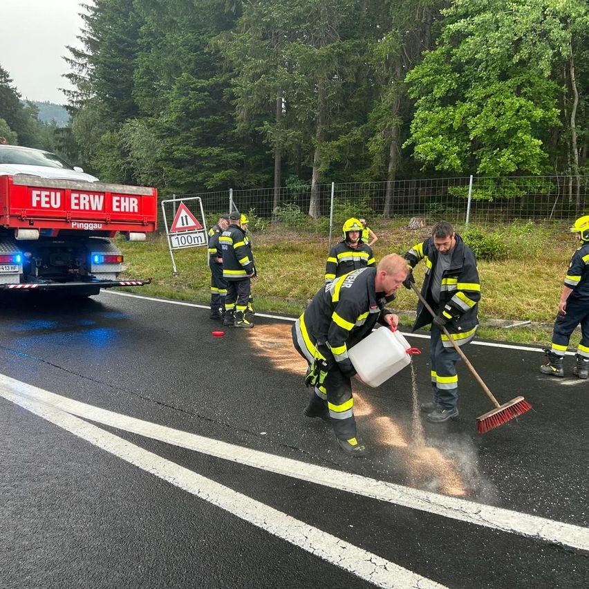 Feuerwehrleute säubern eine Straßenverschmutzung mit einem Eimer und einem Besen. Ein Feuerwehrwagen ist in der Nähe geparkt.