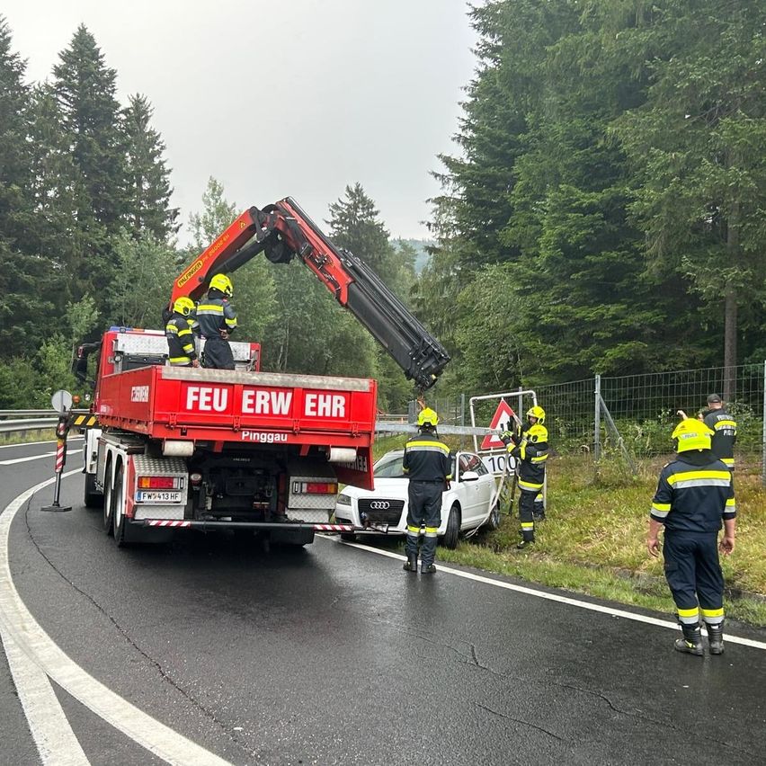 Ein roter Kranwagen hebt ein weißes Auto von der Straße. Mehrere Feuerwehrleute in gelben Helmen stehen um das Auto herum. Das Auto hat ein Nummernschild mit der Nummer 100. Die Szene spielt sich auf einer Straße mit einem Grasbereich und Bäumen im Hintergrund ab.