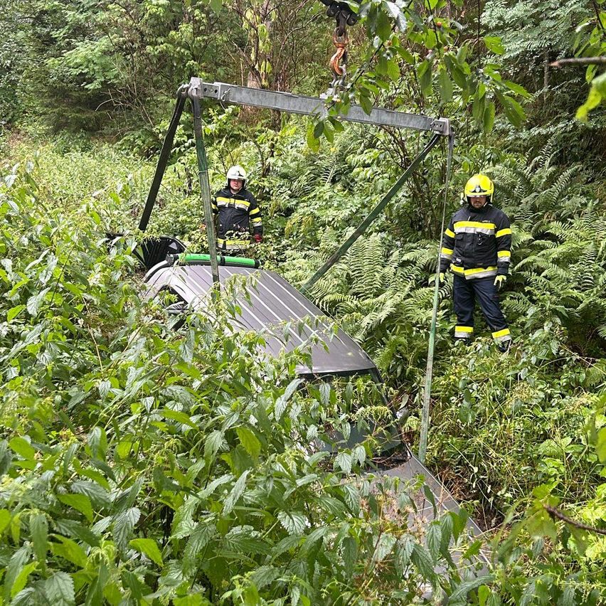 Zwei Feuerwehrleute in voller Ausrüstung benutzen einen Kran, um ein beschädigtes Auto aus einem dichten Wald zu heben.