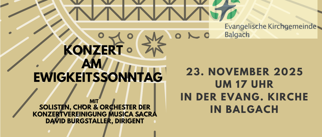 Plakat für ein Konzert mit Chor und Orchester, mit dem Datum 23. November um 17 Uhr. Die Veranstaltung findet in einer Kirche statt.
