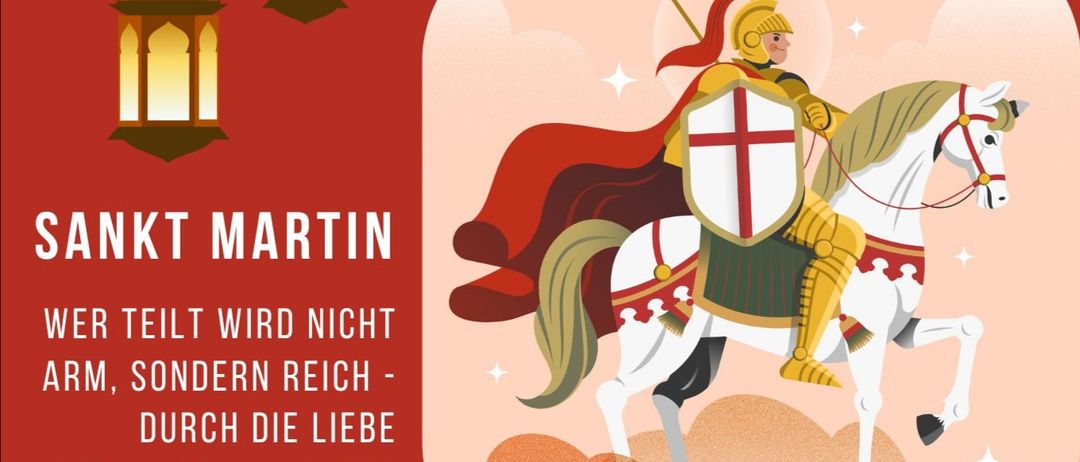 A knight in full armor rides a white horse, holding a shield with a red cross, against a pink background. Text reads 'Martin, rich in love for people.'