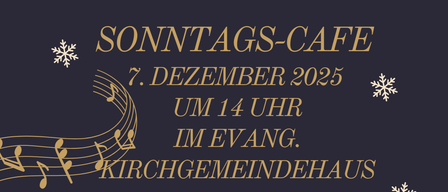 Gruppenfoto von Menschen, die draußen auf Schlitten sitzen, mit Noten und Schneeflocken im Hintergrund. Sie halten Saiteninstrumente. Der Text lautet: 'UM 14 UHR IM EVANG. KIRCHGEMEINDEHAUS'.