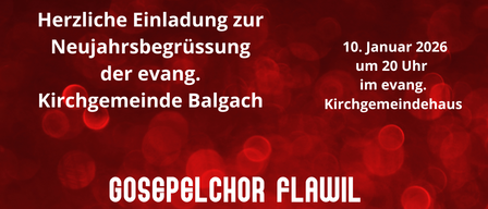 Ein Plakat der Gemeinde Balgach mit dem Gospelchor Flawil. Eine Gruppe von Chormitgliedern tritt auf der Bühne unter einem Zelt auf. Musiknoten sind auf dem Plakat vorhanden.