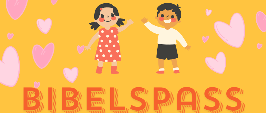 Illustration von zwei Kindern mit gelbem Hintergrund. Sie lächeln und winken. Die Wörter 'BIBELSPASS' in rotem Schrift. Rosa Herzen um sie herum.