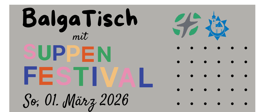 Plakat für das 'Suppen Festival' am 1. März 2026 mit ökumenischem Familiengottesdienst und Suppenfestival. Das Event beinhaltet einen kroatischen Kinderchor, Suppen aus aller Welt und Familienaktivitäten.
