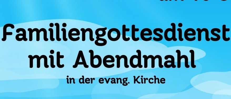 Ein Osterposter mit blauem Himmel und grünem Feld, das einen Hasen mit einem Korb Eiern zeigt. Der Text lautet 'Ostern Sonntag, 5. April um 10 Uhr. Familiengottesdienst mit Abendessen in der Kirche, gefolgt von Osterbrunch und Eiersuche im evangelischen Gemeindehaus.'