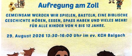 Ein Plakat für eine Kinderveranstaltung namens 'Bibelspass' mit Jesus und einem Jungen, mit Aktivitäten wie Spielen, Basteln und Geschichtenerzählen für Kinder von 4 bis 12 Jahren. Datum: August 2026, Zeit: 13:30 bis 16:00 Uhr.