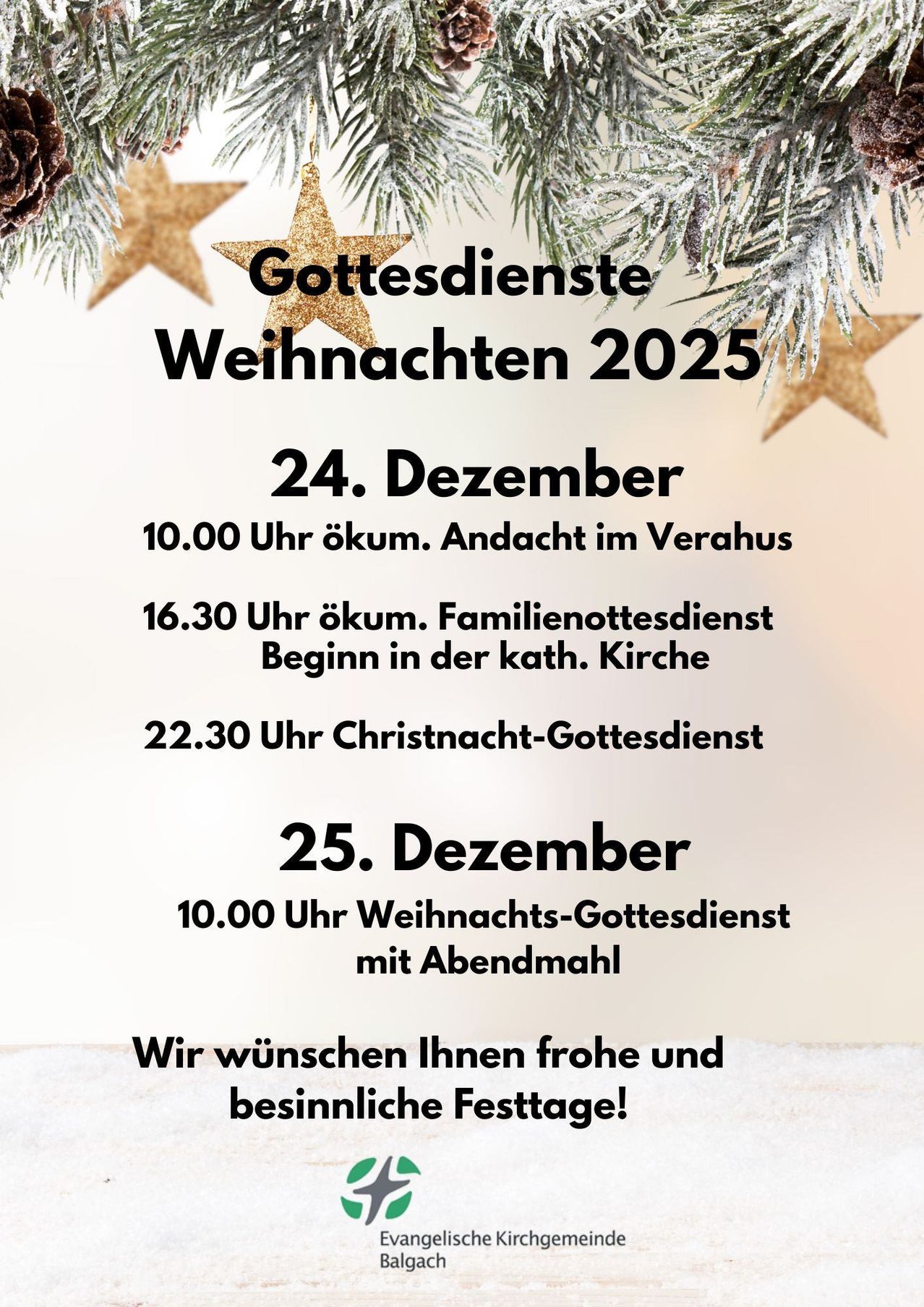 Gottesdienste Weihnachten 2025. 24. Dezember, 10:00 Uhr Abendmahl, 25. Dezember, 10:00 Uhr Weihnachtsgottesdienst mit Abendessen. Wir wünschen Ihnen frohe und besinnliche Festtage!