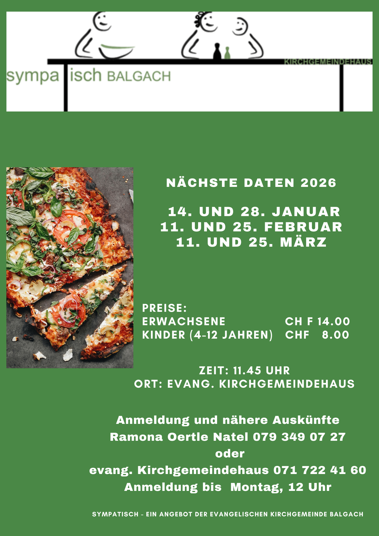 Eine Pizza mit Belägen wird angezeigt. Kommende Termine für 2026 sind aufgelistet. Preise für Erwachsene und Kinder werden angegeben. Die Veranstaltungszeit und -ort sind spezifiziert. Kontaktdaten werden angegeben.