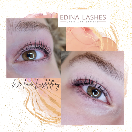 Drei Bilder von Frauenaugen, die Wimpern zeigen. Oben links ist ein Nahaufnahme eines Auges mit langen Wimpern. Darunter ist ein kleineres Bild einer Nahaufnahme der Augenbraue. Rechts ist ein weiteres Auge mit noch längeren Wimpern. Die Worte 'We love Lashlifting' sind in Kurschrift unten.