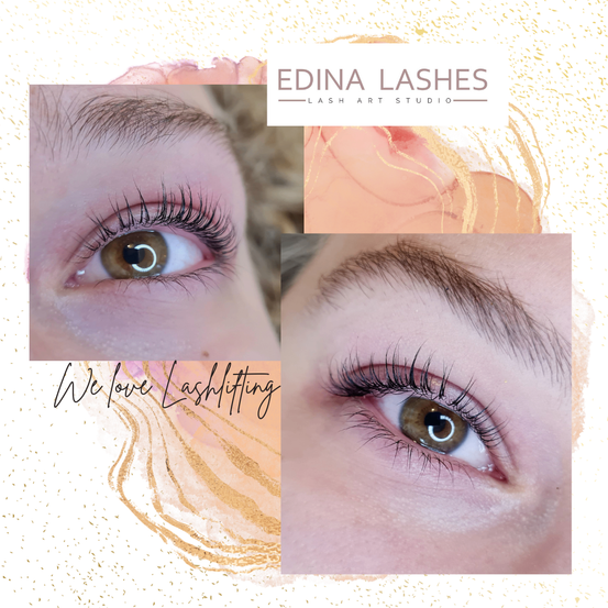 Drei Bilder von Frauenaugen, die Wimpern zeigen. Oben links ist ein Nahaufnahme eines Auges mit langen Wimpern. Darunter ist ein kleineres Bild einer Nahaufnahme der Augenbraue. Rechts ist ein weiteres Auge mit noch längeren Wimpern. Die Worte 'We love Lashlifting' sind in Kurschrift unten.