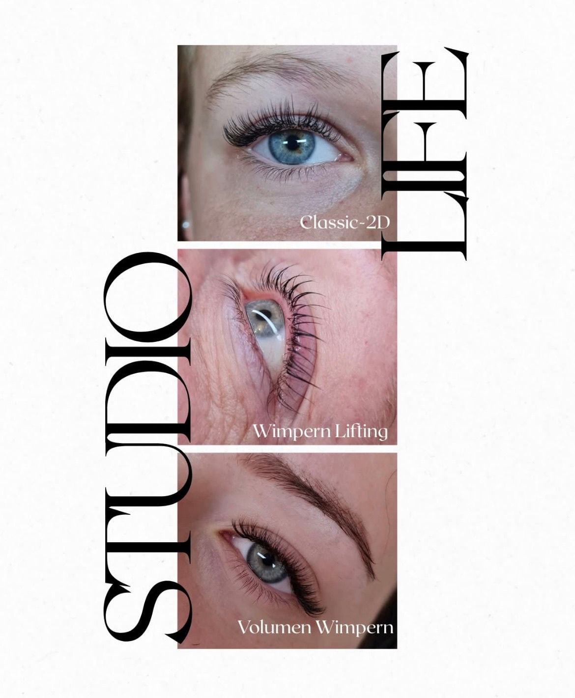Drei Bilder von Augen, die verschiedene Wimpernstile zeigen: Classic-2D, Wimpern Lifting und Volumen Wimpern. Jedes Bild zeigt Nahaufnahmen von Augen mit unterschiedlichen Wimpernverlängerungen und Effekten.