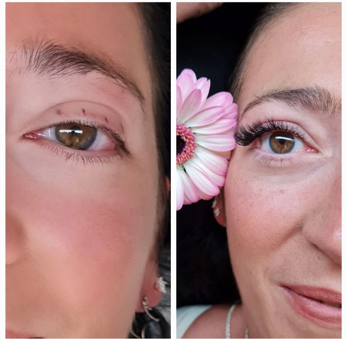 Zwei Bilder des Gesichts einer Frau. Links ihr Auge und ihre Augenbraue. Rechts ihr Auge mit einer Blume und einem Lächeln.