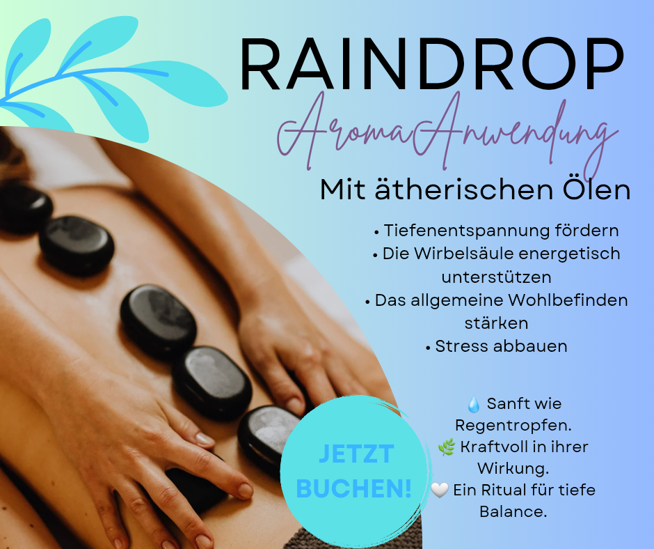 Ein Poster zeigt eine Person, die eine Massage mit schwarzen Steinen erhält. Es hebt die Vorteile der Verwendung ätherischer Öle hervor, einschließlich Entspannung, verbessertes Wohlbefinden und Stressabbau.