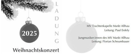 Schwarz-Weiß-Bild mit zwei hängenden Weihnachtskugeln. Auf der linken Seite zeigt eine große Kugel das Jahr 2025. Der Text 'EINLADUNG' steht vertikal. Veranstaltungsdetails umfassen Datum, Uhrzeit und Ort für ein Weihnachtskonzert.
