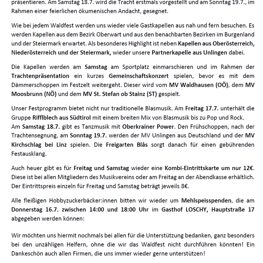 Ein Flyer, der ein Musikfestival mit verschiedenen Musikgruppen, einschließlich traditioneller und moderner Genres, an einem Wochenende ankündigt. Es wird die Präsentation eines Trachtens und eines festlichen Abends mit Musik und Tanz erwähnt.