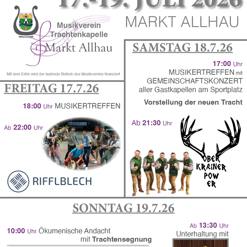 Plakat für das Musikevent Markt Allhau vom 17.-19. Juli 2020 mit Musikgruppen und Veranstaltungszeiten.