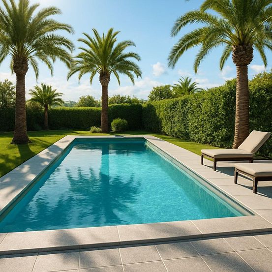 Ein leerer Swimmingpool, umgeben von saftigem grünem Gras und Palmen, mit zwei Liegestühlen an der Seite.