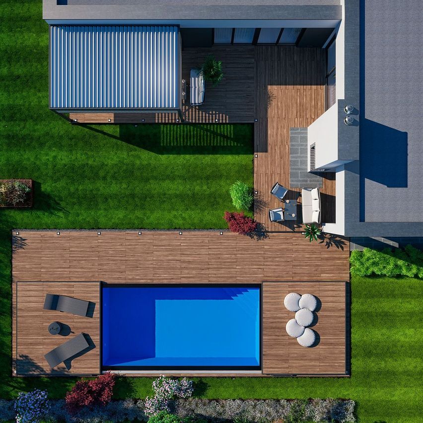Bild enthält, Pool, Swimming Pool, Water, Outdoors, Aerial View, Grass, Plant, Blackboard