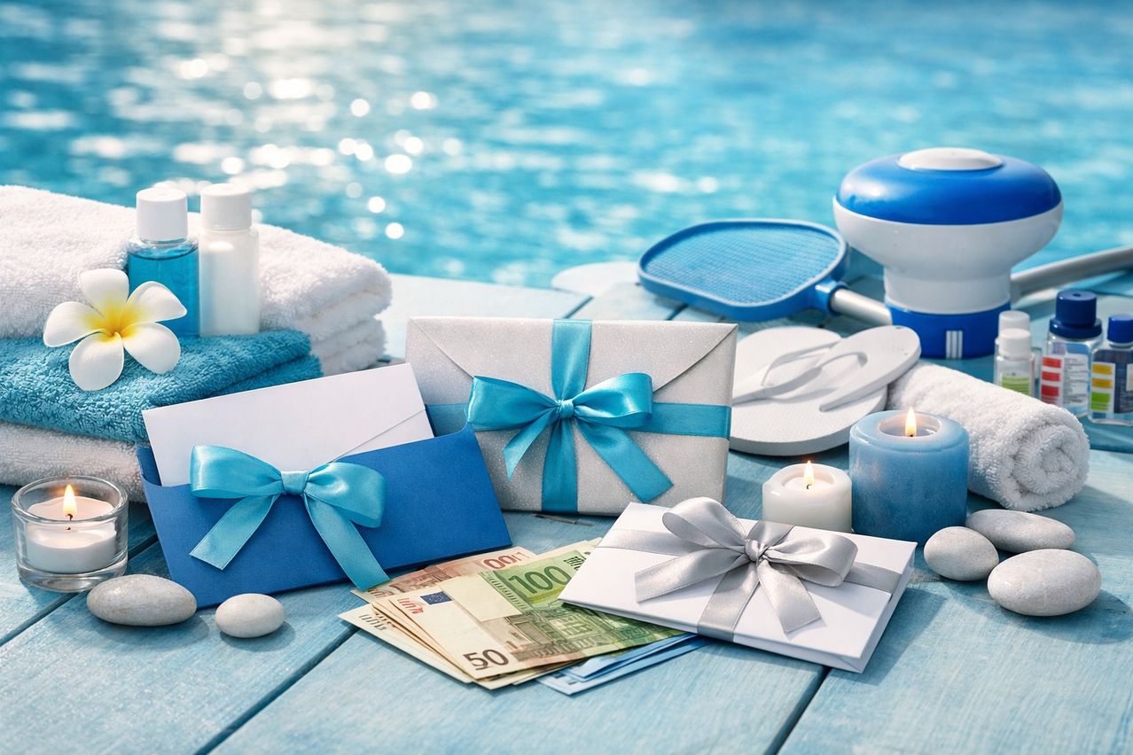 Ein Poolbereich mit Geschenken, Handtüchern, einer Kerze, einem Tennisschläger und Bargeld.