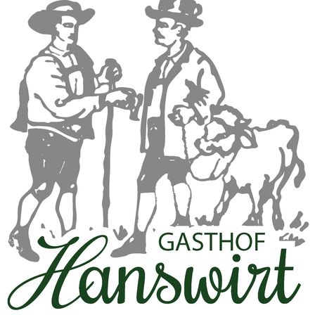Ein Logo für Gasthof Hanswirt, ein familiengeführtes Unternehmen von Familie Aigner, gelegen in 8625 Turnau, 31. Es zeigt eine Silhouette von zwei Personen und einem Rind.
