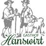 Ein Logo für Gasthof Hanswirt, ein familiengeführtes Unternehmen von Familie Aigner, gelegen in 8625 Turnau, 31. Es zeigt eine Silhouette von zwei Personen und einem Rind.