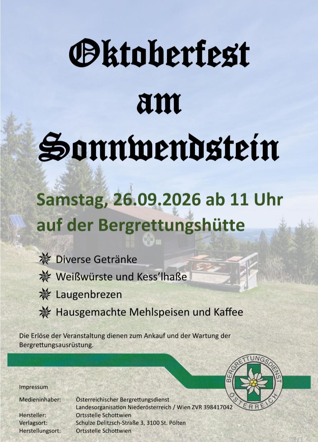 Poster for an event at Sonnwendstein on September 26, 2026, featuring diverse drinks, sausages, fresh air, homemade flour dishes, and coffee.