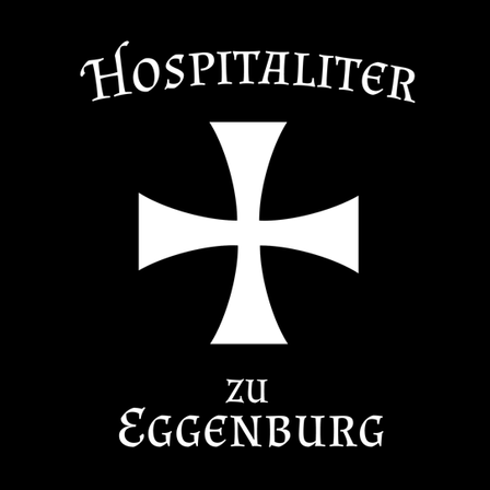 Ein schwarzer Hintergrund mit einem weißen Kreuz und den Worten 'Hospitaliter zu Eggenburg' in weißem Text.