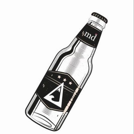 Illustration einer Flasche mit einem schwarzen Etikett, das 'md' in weißen Buchstaben liest, mit einem Dreieck in der Mitte, das eine Welle darstellt, und drei Sternen darüber.