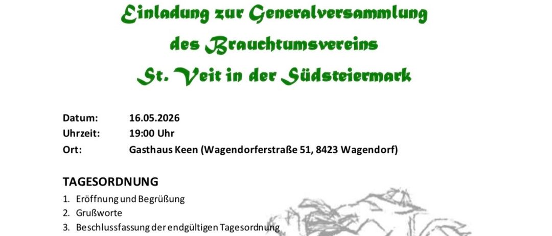 Einladung zur Generalversammlung des Brauchtumsvereins St. Veit in Südsteiermark. Datum: 16.05.2026. Uhrzeit: 19:00 Uhr. Ort: Gasthaus Keen. Tagesordnung umfasst Eröffnung, Grußworte und Wahlen.