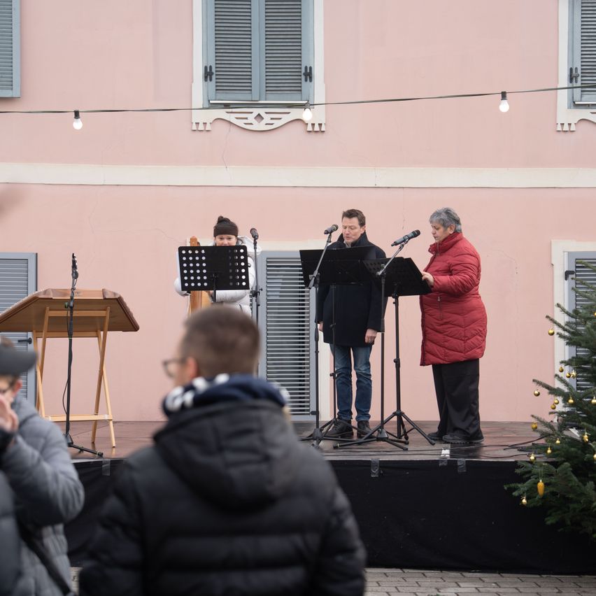 Vier Personen auf einer Bühne, wahrscheinlich bei einer Aufführung, mit einem rosa Gebäude im Hintergrund. Eine Person spielt Harfe, drei singen.