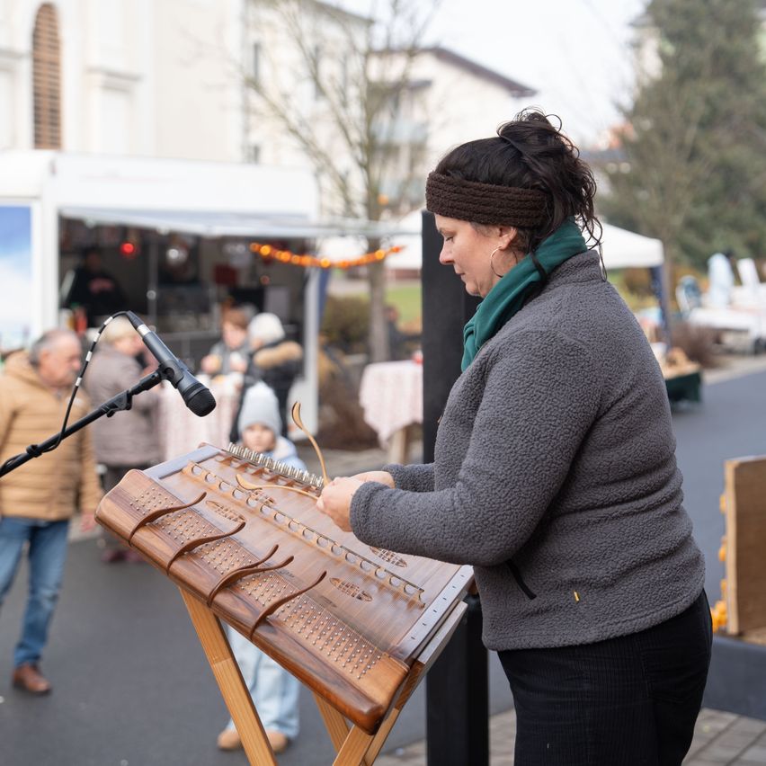 Eine Frau steht hinter einem Mikrofon und spielt eine Holzzither im Freien. Sie ist warm gekleidet in einem grauen Pullover und einem grünen Schal. Hinter ihr steht ein junges Kind in der Nähe eines Tisches. Im Hintergrund versammeln sich mehrere Menschen um einen Imbisswagen.