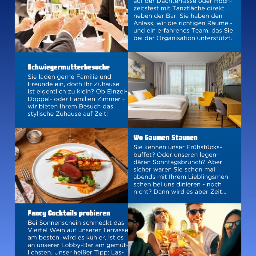 Ein Plakat einer Familie, die Getränke genießt, mit dem Slogan 'Besuche der Mutter und Freunde sind schön, aber ist Ihr Zuhause zu klein? Einzel- oder Familienzimmer - wir bieten Ihrem Besuch ein stilvolles Zuhause für die Zeit!'