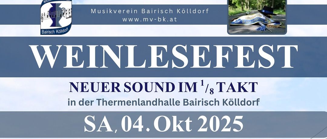 Plakat für Weinlesefest-Veranstaltung. Zeigt einen Mann und zwei Frauen mit Weingläsern. Veranstaltung am 4. Oktober 2025 um 17:30. Eintritt 8€, Ermäßigung 12€. Bands spielen von 18:00 bis 01:00 Uhr.