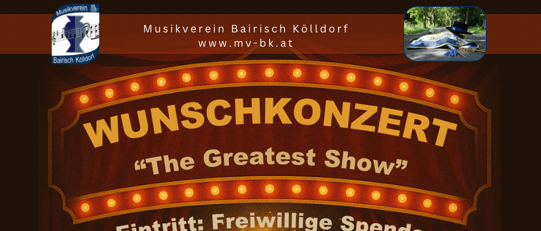 Plakat für ein Konzert mit dem Titel 'The Greatest Show' mit einem Zauberer in einem roten Anzug, der einen Zauberstab und ein Musikinstrument hält. Es ist für den 14. Dezember 2025 um 17:00 Uhr geplant.