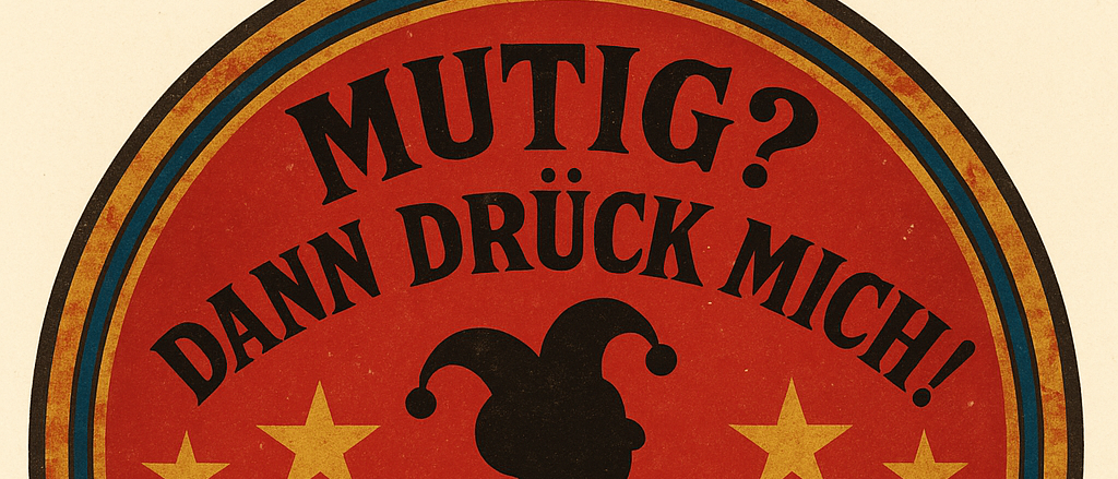 Ein rundes Emblem zeigt einen Narren, der aus einer Box mit Sternen darum hervorkommt. Der Text lautet 'MUTIG? DANN DRUCK MICH!' in fetter Schrift. Der Hintergrund ist rot mit blauen und goldenen Rändern.