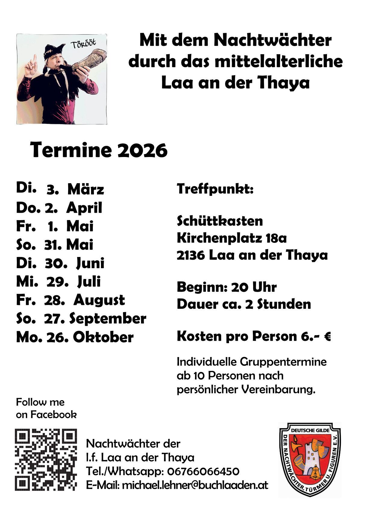 Poster mit Terminen für 2026, QR-Code und Standort für Schuttkasten Kirchenplatz 18a, 2136 Laa an der Thaya. Termine reichen von 3. März bis 26. Oktober.